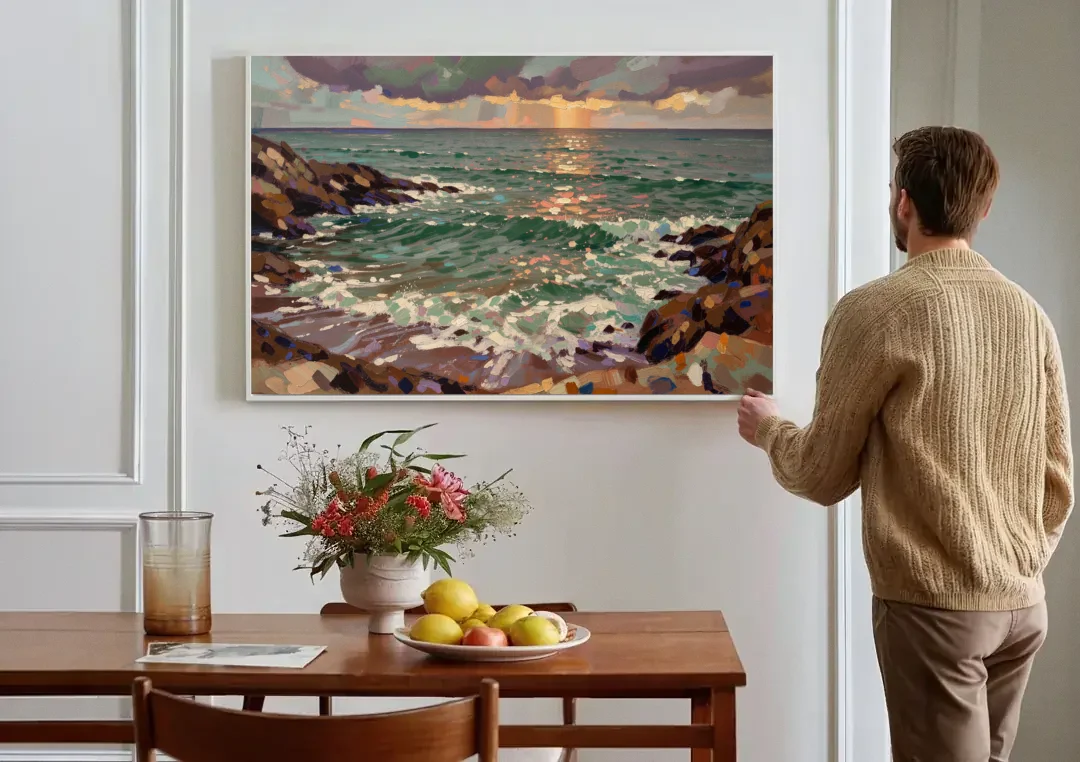 Moody Paintings of an Emerald Cove at Dusk canvas wall art above a dining table