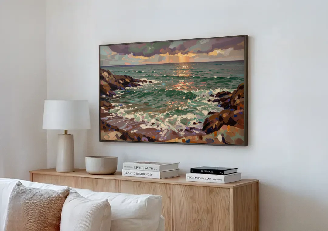 Moody Paintings of an Emerald Cove at Dusk canvas wall art above a wooden sideboard next to a sofa