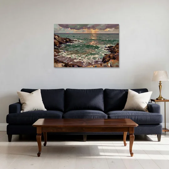 Moody Paintings of an Emerald Cove at Dusk - Canvas Wall Art - Sofa - 36x24