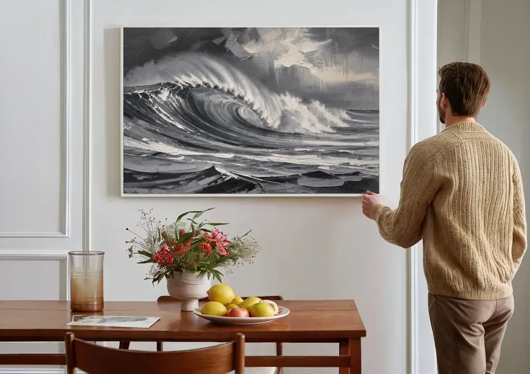 Moody Wall Art of a Breaking Storm Wave canvas wall art above a dining table
