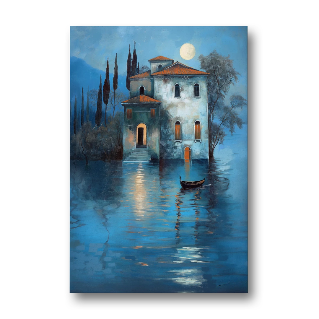 Moonlight Painting of a Lakeside Villa - Canvas Wall Art - Front