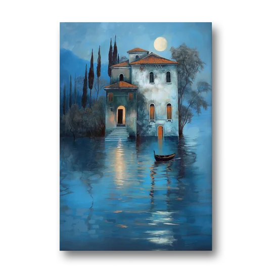 Moonlight Painting of a Lakeside Villa - Canvas Wall Art - Front