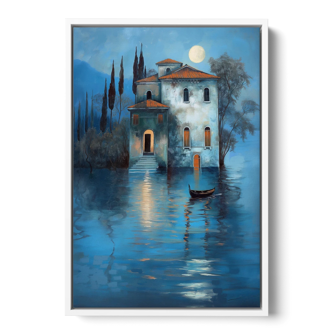 Moonlight Painting of a Lakeside Villa - White Framed Canvas Wall Art - Front