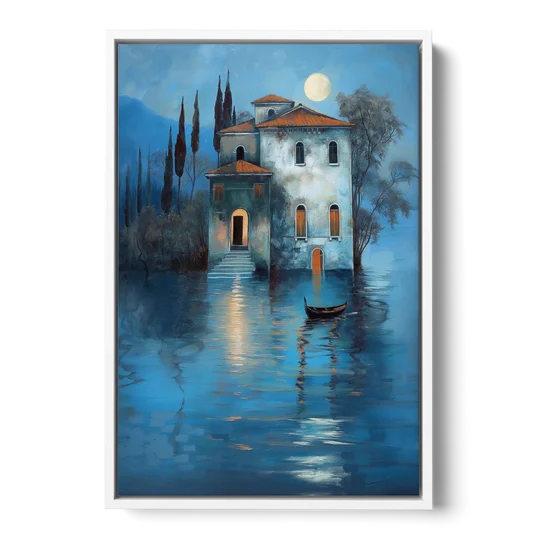 Moonlight Painting of a Lakeside Villa - White Framed Canvas Wall Art - Front
