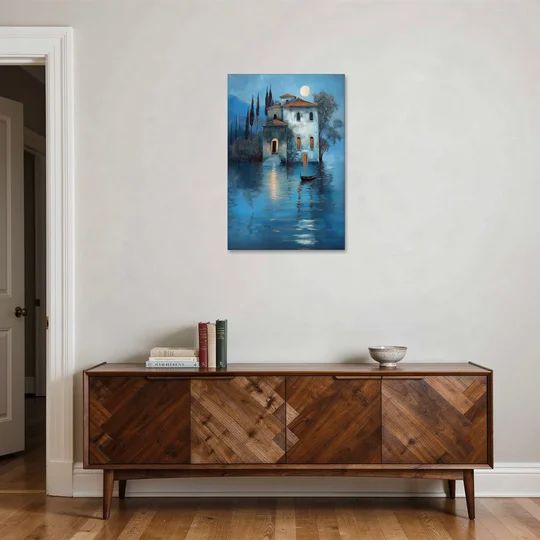 Moonlight Painting of a Lakeside Villa - Canvas Wall Art - Coffee Table - 24x36