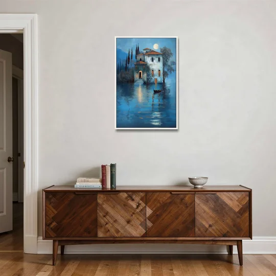 Moonlight Painting of a Lakeside Villa - White Framed Canvas Wall Art - Coffee Table - 24x36