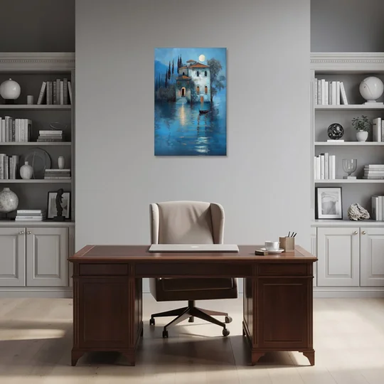 Moonlight Painting of a Lakeside Villa - Canvas Wall Art - Office - 24x36