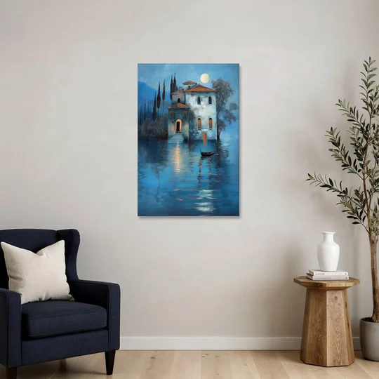 Moonlight Painting of a Lakeside Villa - Canvas Wall Art - Sofa - 24x36