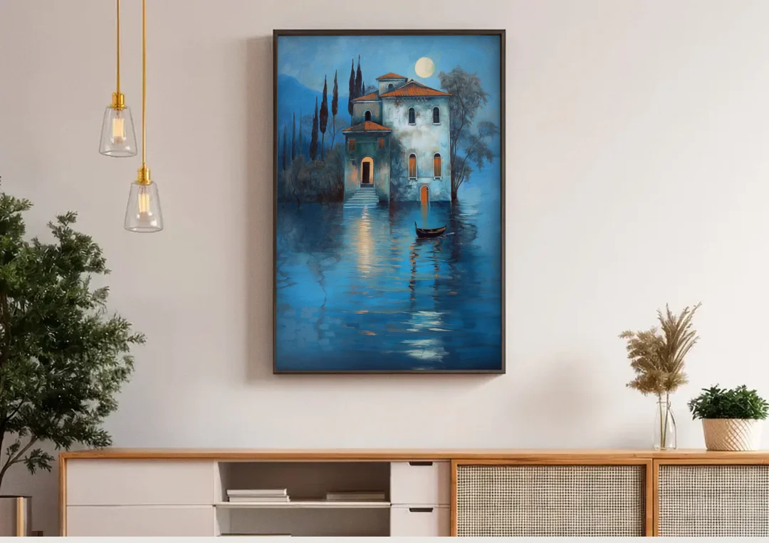 Moonlight Painting of a Lakeside Villa canvas wall art above a wooden sideboard under pendant lights