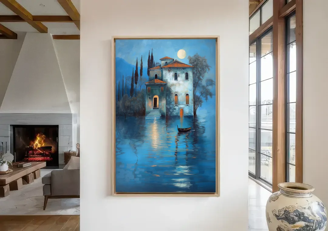 Moonlight Painting of a Lakeside Villa canvas wall art in a living room with a fireplace