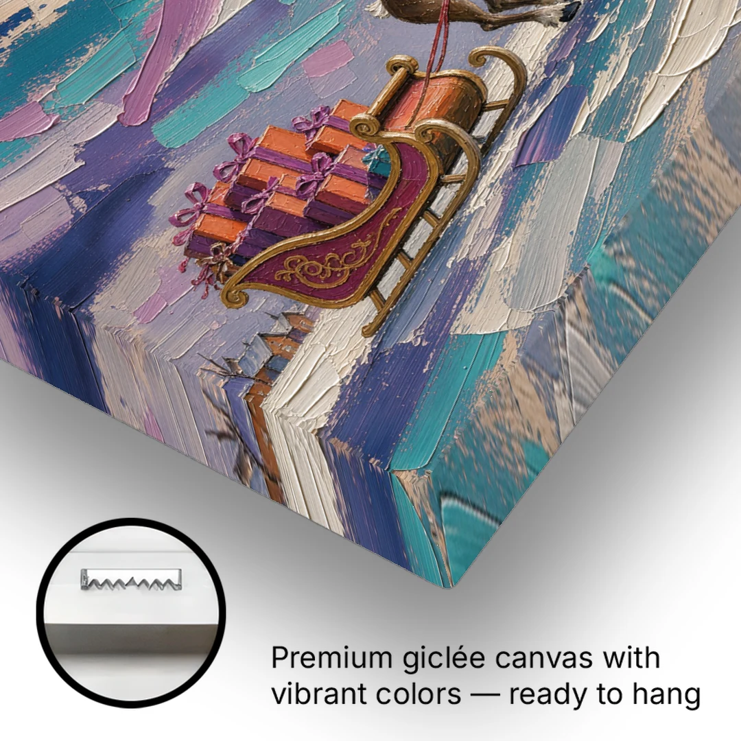Large Christmas Moonlit Reindeer Sleigh Run - Canvas Wall Art - Gallery Wrap Corner