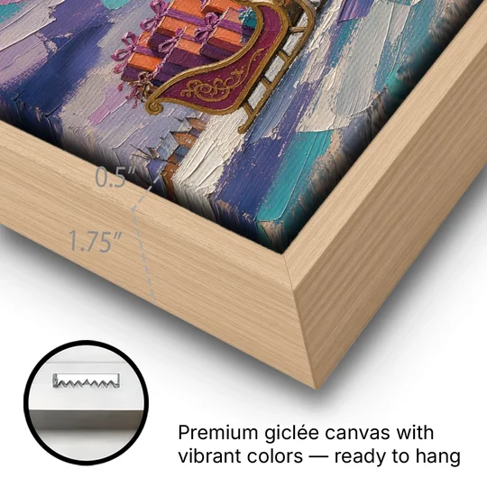 Large Christmas Moonlit Reindeer Sleigh Run - Oak Framed Canvas Wall Art - Gallery Wrap Corner
