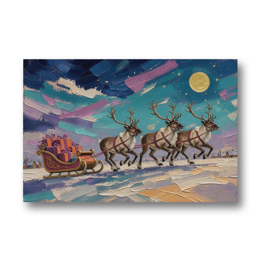 Large Christmas Moonlit Reindeer Sleigh Run - Canvas Wall Art - Front