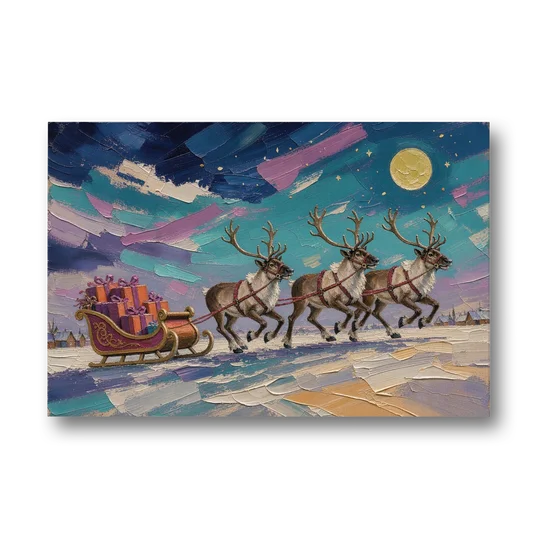 Large Christmas Moonlit Reindeer Sleigh Run - Canvas Wall Art - Front
