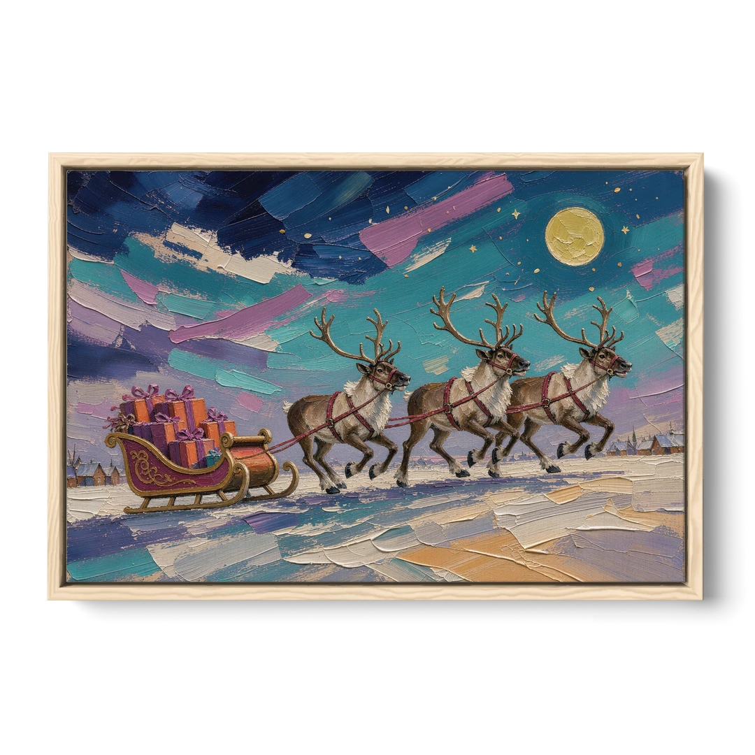 Large Christmas Moonlit Reindeer Sleigh Run - Oak Framed Canvas Wall Art - Front