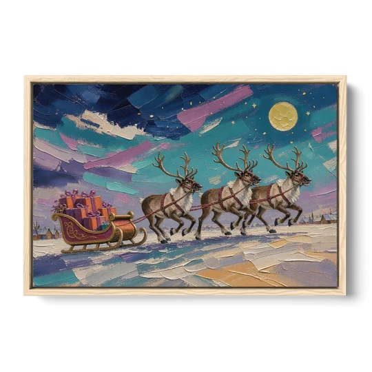 Large Christmas Moonlit Reindeer Sleigh Run - Oak Framed Canvas Wall Art - Front