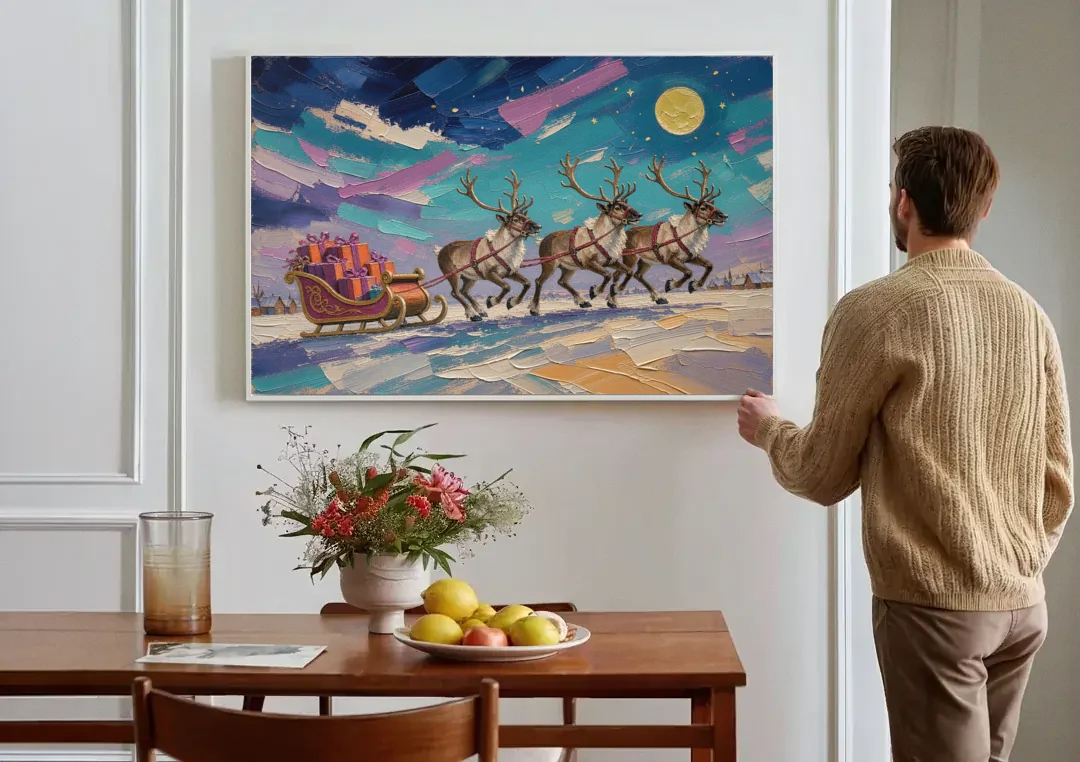 Large Christmas Moonlit Reindeer Sleigh Run canvas wall art above a dining table