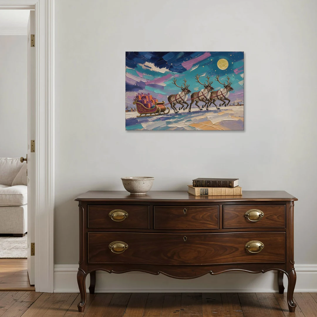 Large Christmas Moonlit Reindeer Sleigh Run - Canvas Wall Art - Coffee Table - 36x24