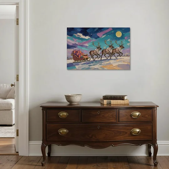 Large Christmas Moonlit Reindeer Sleigh Run - Canvas Wall Art - Coffee Table - 36x24