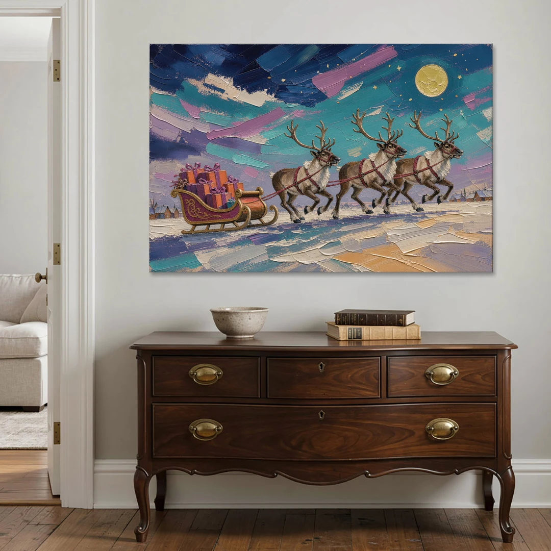 Large Christmas Moonlit Reindeer Sleigh Run - Canvas Wall Art - Coffee Table - 60x40