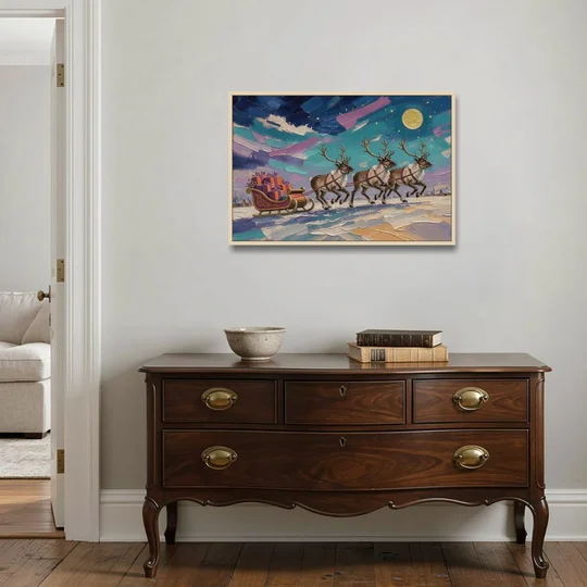 Large Christmas Moonlit Reindeer Sleigh Run - Oak Framed Canvas Wall Art - Coffee Table - 36x24