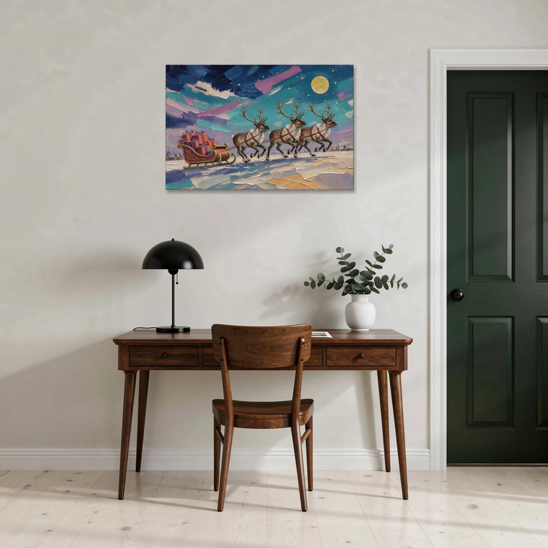 Large Christmas Moonlit Reindeer Sleigh Run - Canvas Wall Art - Office - 36x24