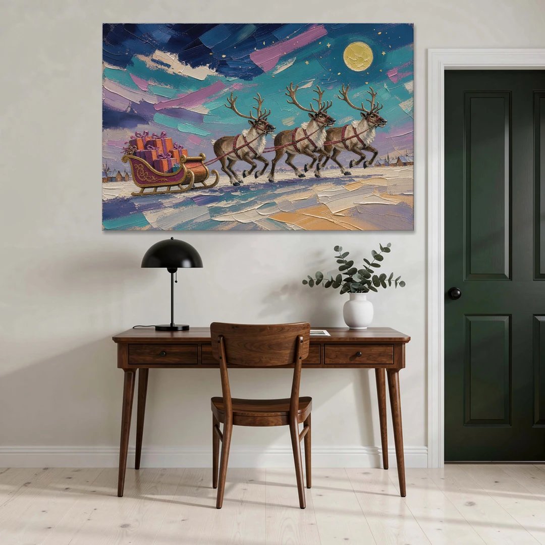 Large Christmas Moonlit Reindeer Sleigh Run - Canvas Wall Art - Office - 60x40