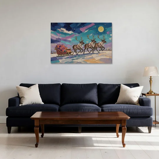Large Christmas Moonlit Reindeer Sleigh Run - Canvas Wall Art - Sofa - 36x24