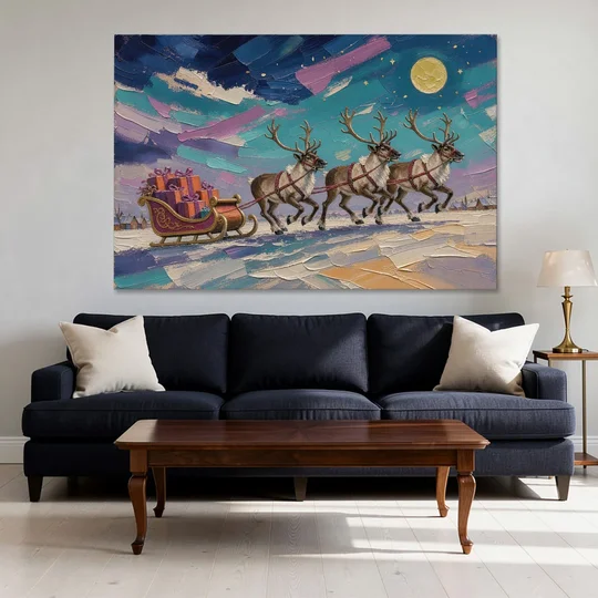 Large Christmas Moonlit Reindeer Sleigh Run - Canvas Wall Art - Sofa - 60x40