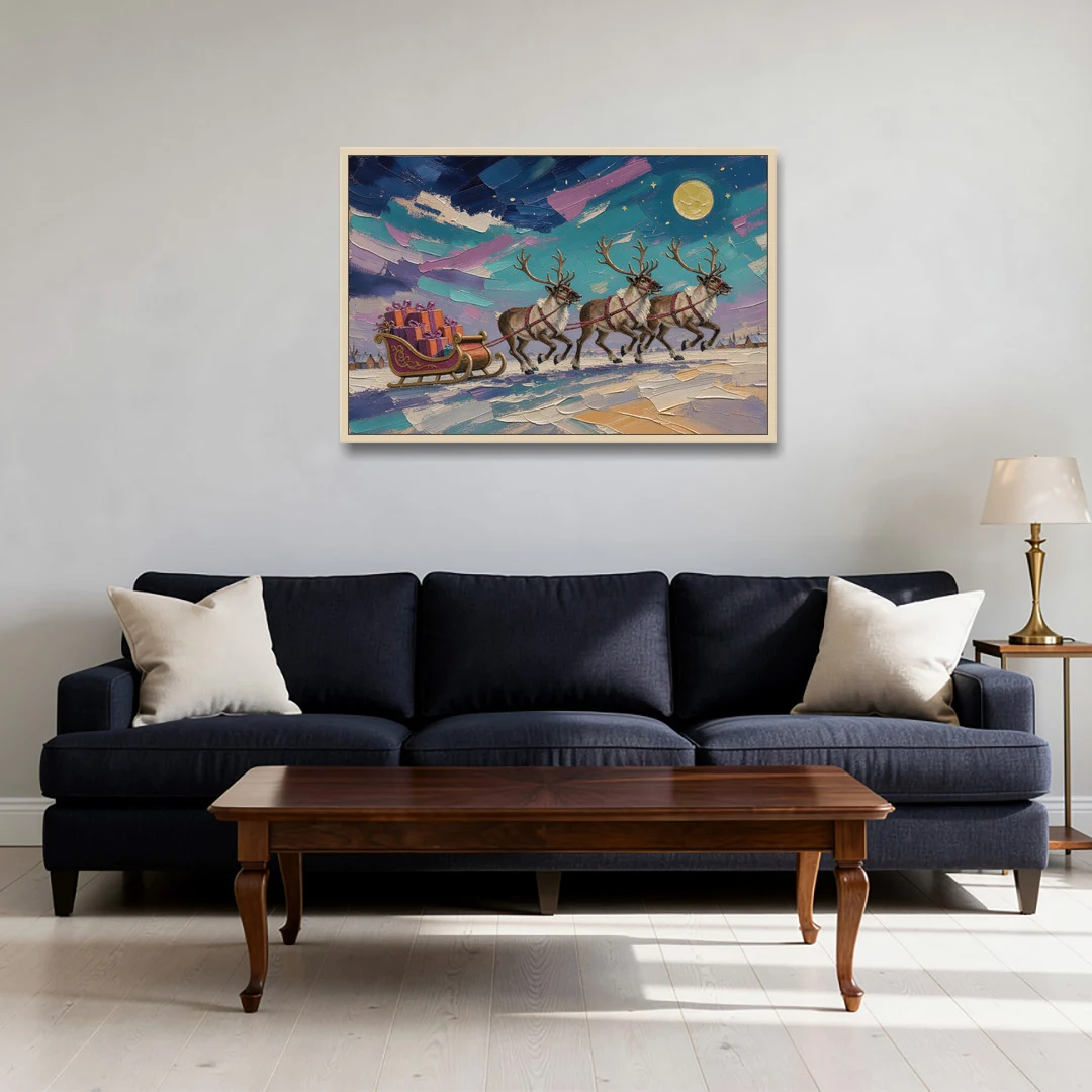 Large Christmas Moonlit Reindeer Sleigh Run - Oak Framed Canvas Wall Art - Sofa - 36x24