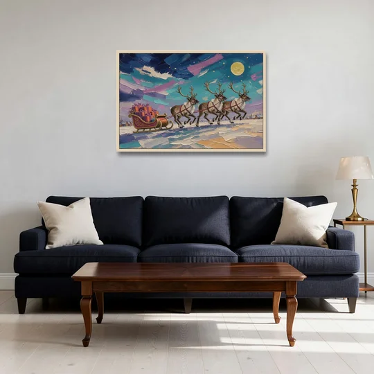 Large Christmas Moonlit Reindeer Sleigh Run - Oak Framed Canvas Wall Art - Sofa - 36x24