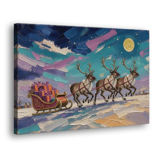 Large Christmas Moonlit Reindeer Sleigh Run - Canvas Wall Art - Side