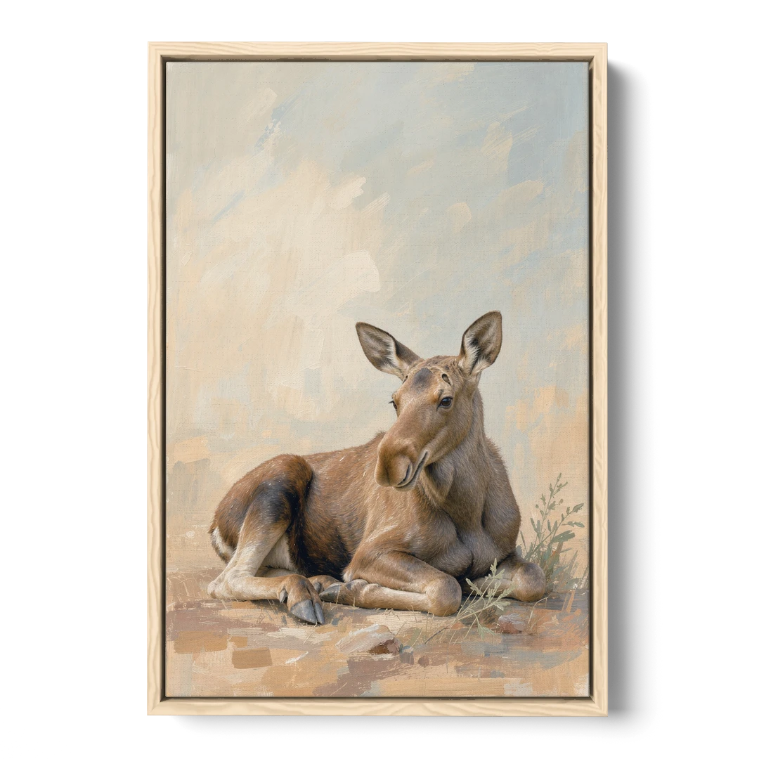 Moose Calf at Rest for the Modern Nursery - Oak Framed Canvas Wall Art - Front