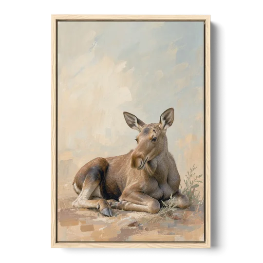 Moose Calf at Rest for the Modern Nursery - Oak Framed Canvas Wall Art - Front