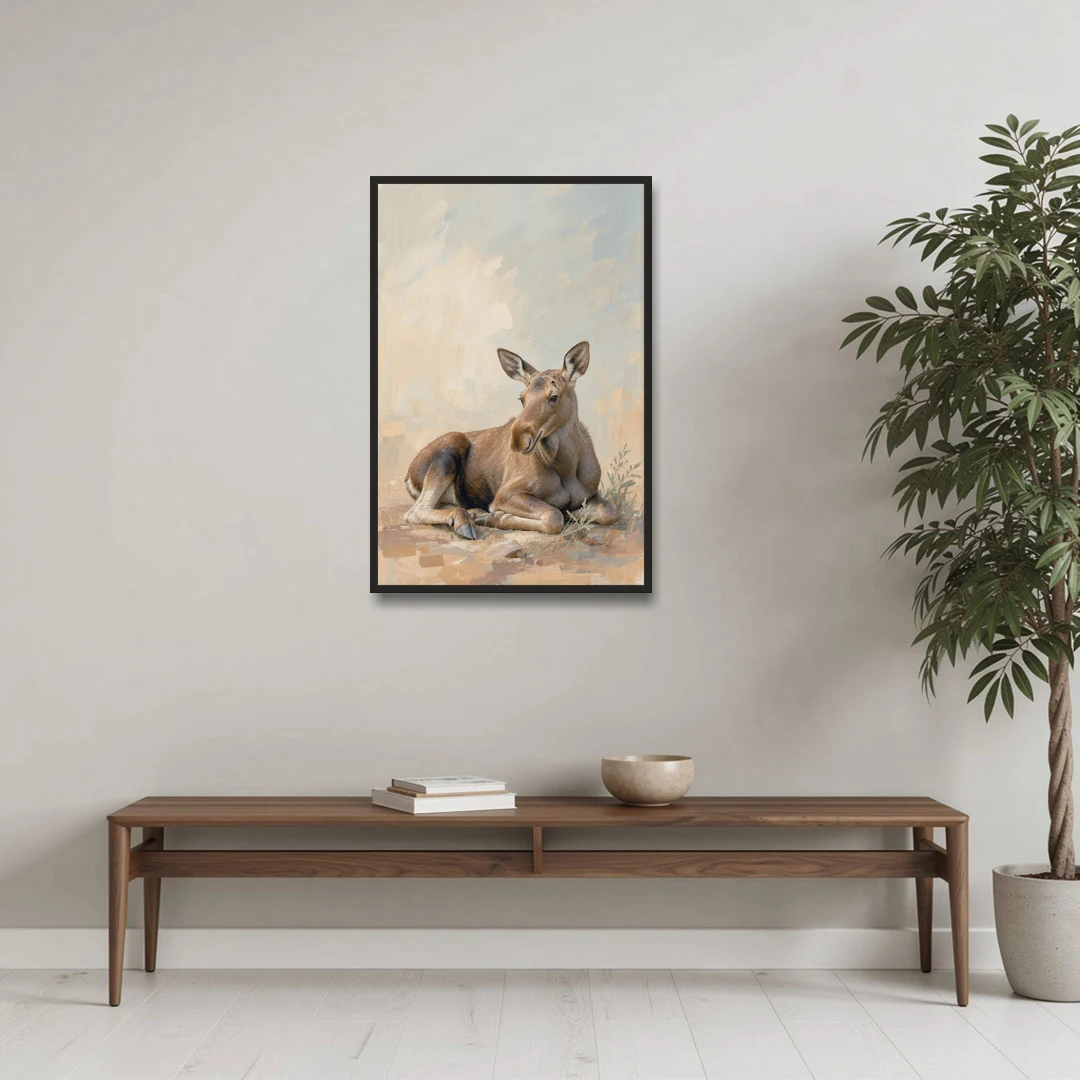 Moose Calf at Rest for the Modern Nursery - Black Framed Canvas Wall Art - Coffee Table - 24x36