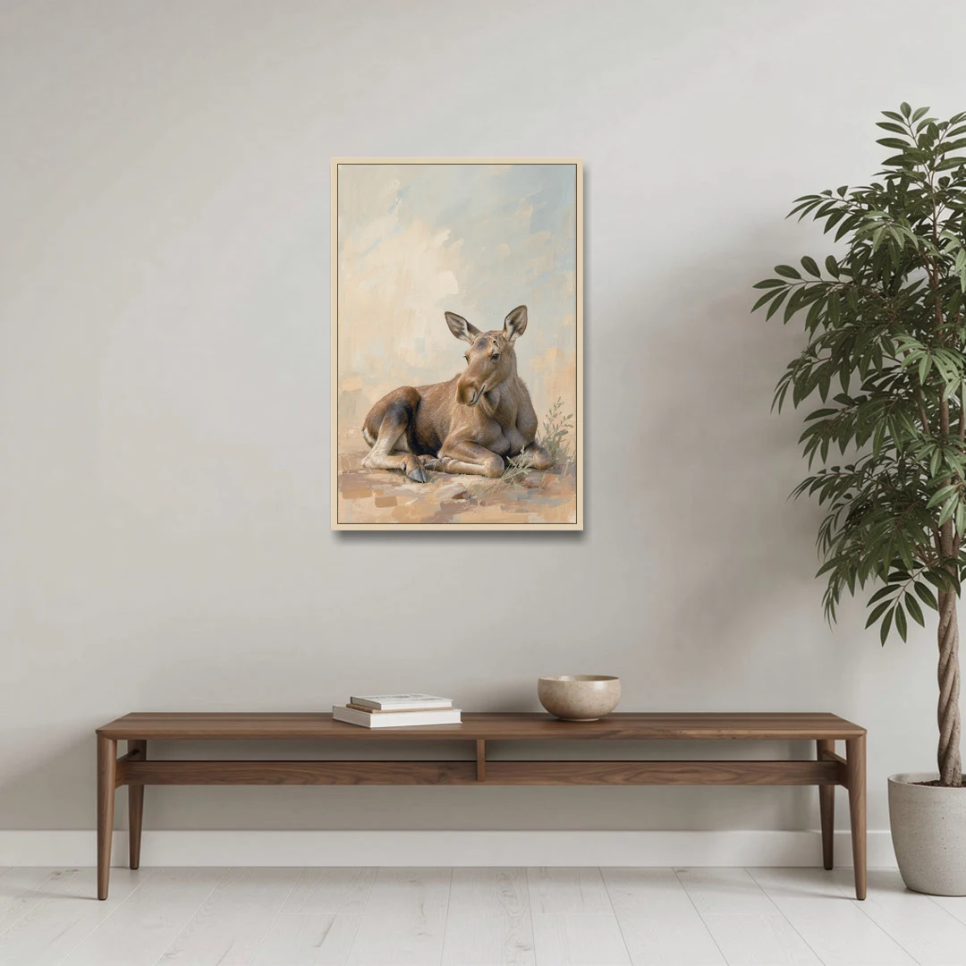 Moose Calf at Rest for the Modern Nursery - Oak Framed Canvas Wall Art - Coffee Table - 24x36