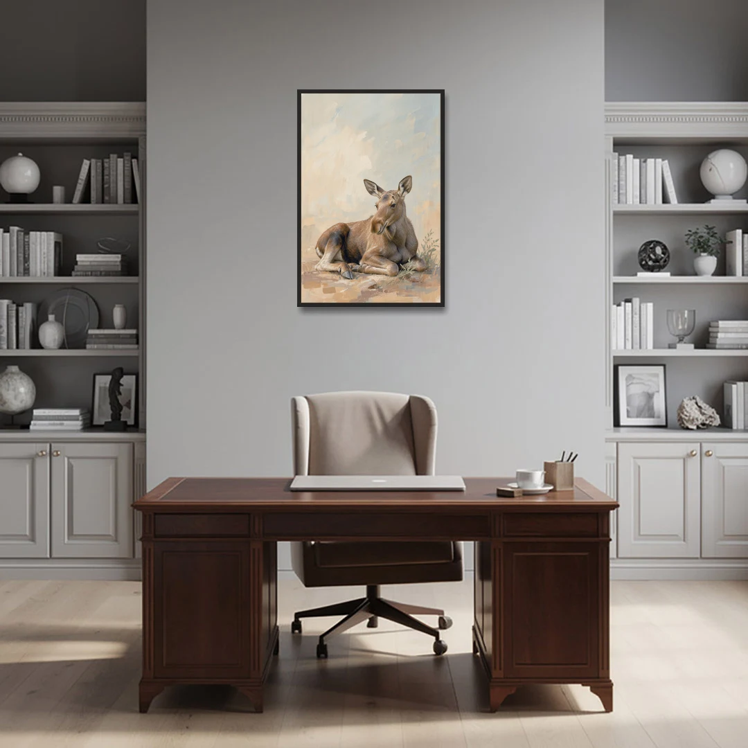 Moose Calf at Rest for the Modern Nursery - Black Framed Canvas Wall Art - Office - 24x36