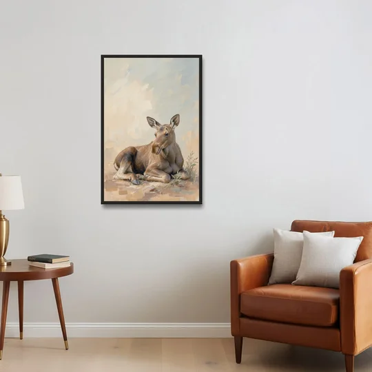 Moose Calf at Rest for the Modern Nursery - Black Framed Canvas Wall Art - Sofa - 24x36