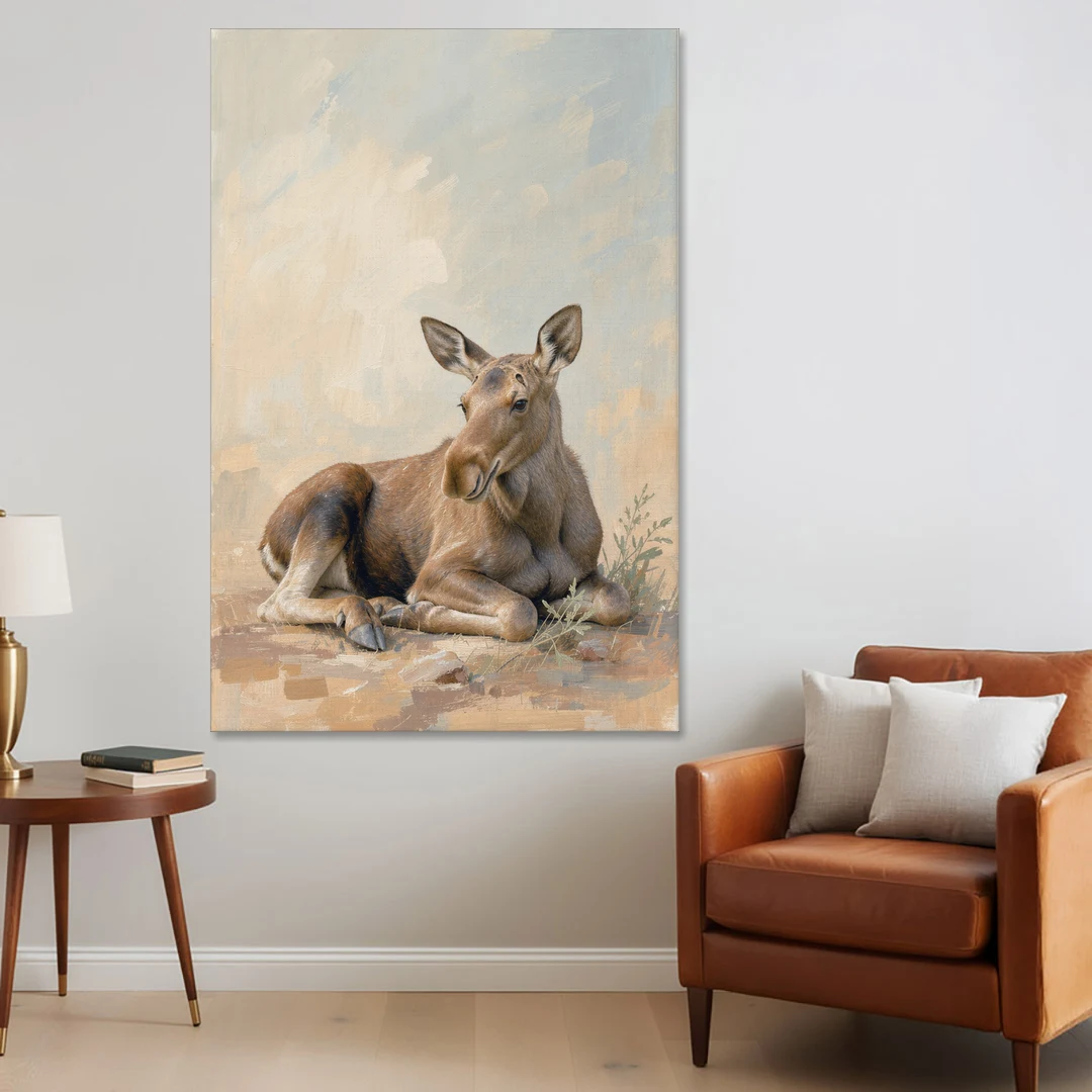 Moose Calf at Rest for the Modern Nursery - Canvas Wall Art - Sofa - 40x60