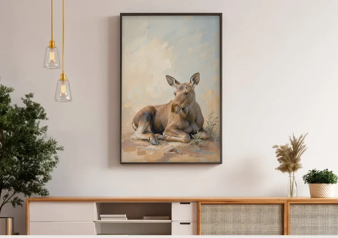 Moose Calf at Rest for the Modern Nursery canvas wall art above a wooden sideboard under pendant lights