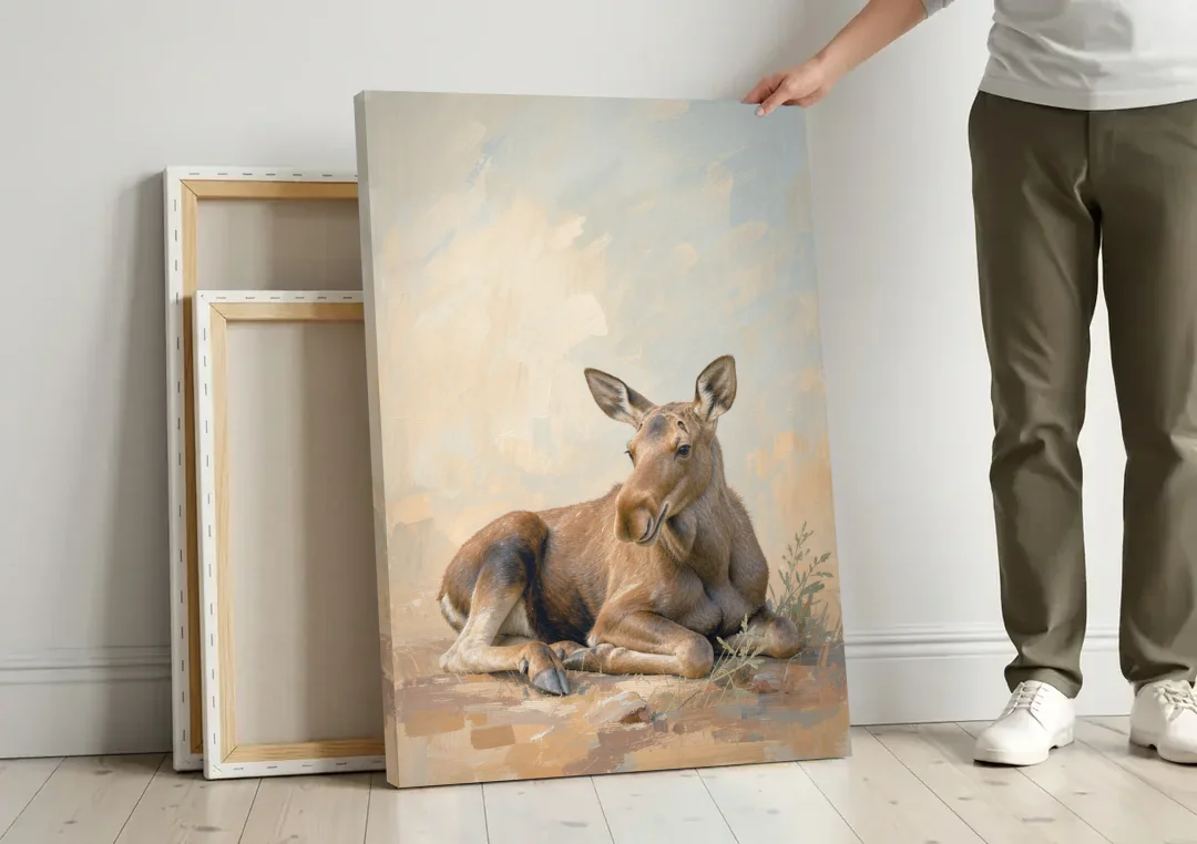 Moose Calf at Rest for the Modern Nursery canvas wall art leaning against a wall next to blank canvases