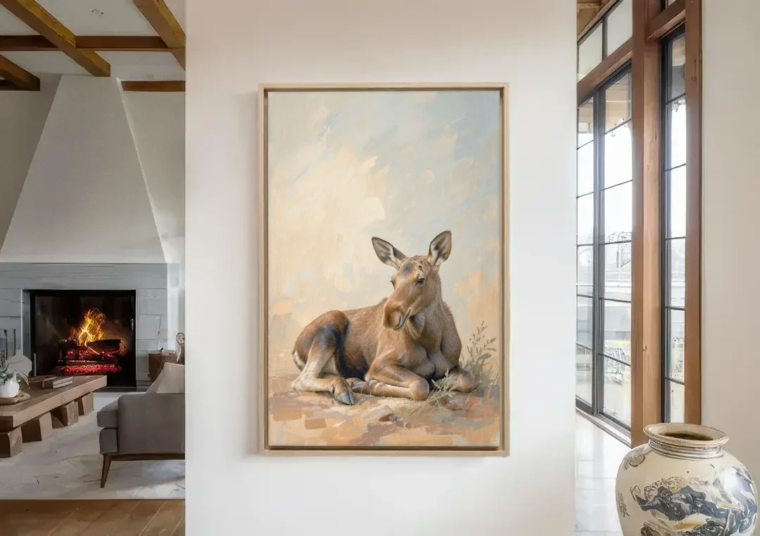 Moose Calf at Rest for the Modern Nursery canvas wall art in a living room with a fireplace