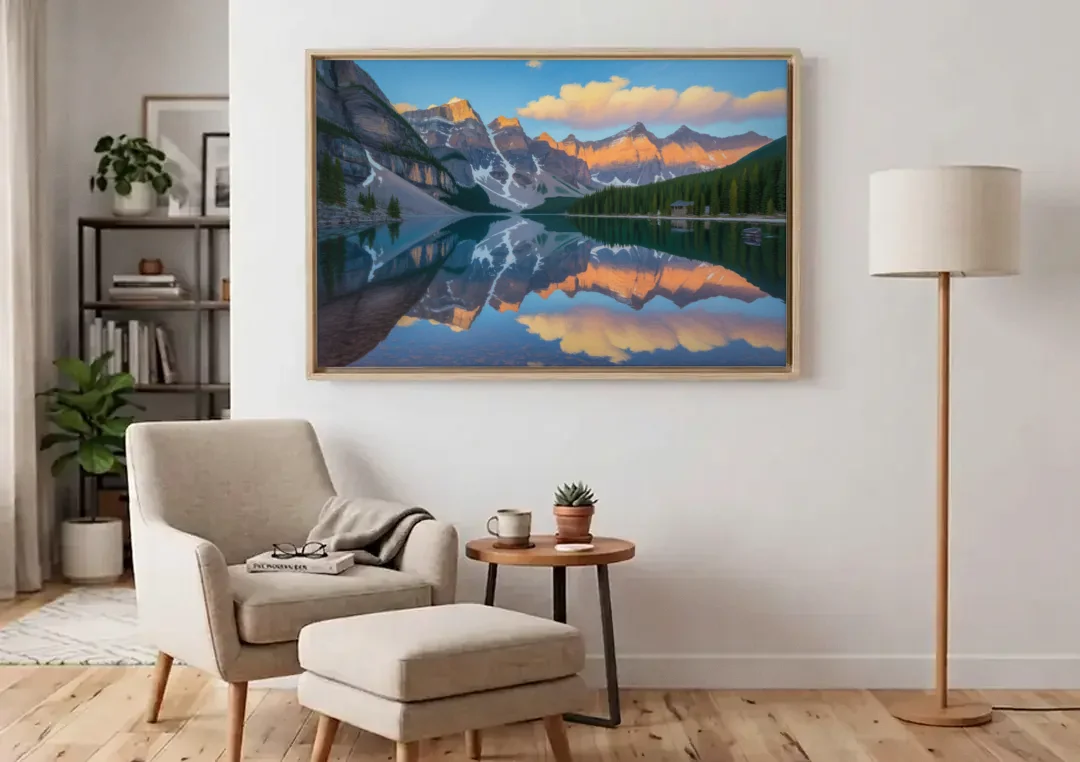 Moraine Lake Sunrise canvas wall art above an armchair in a bright living room