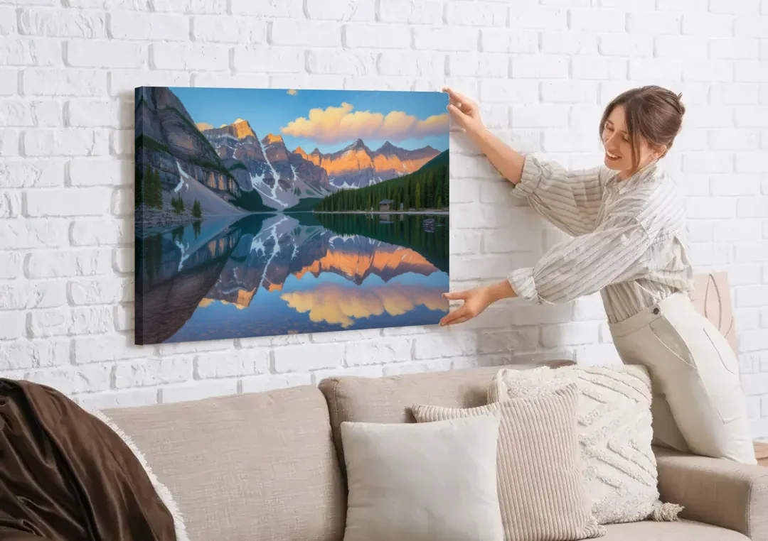 Moraine Lake Sunrise canvas wall art being hung on a white brick wall above a sofa