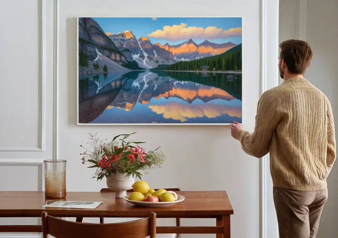 Moraine Lake Sunrise canvas wall art above a dining table