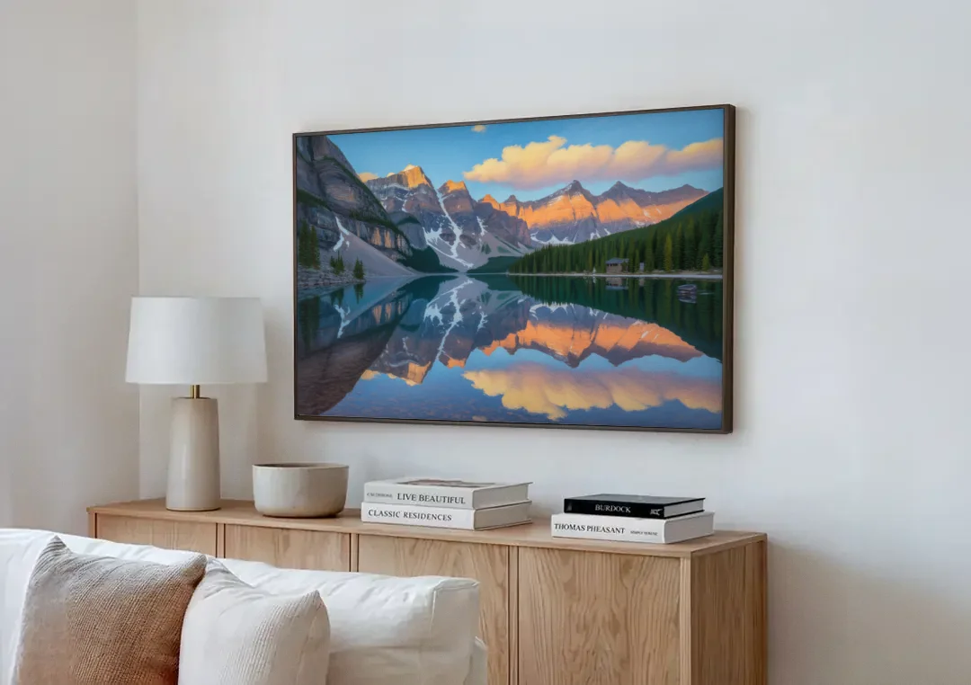 Moraine Lake Sunrise canvas wall art above a wooden sideboard next to a sofa