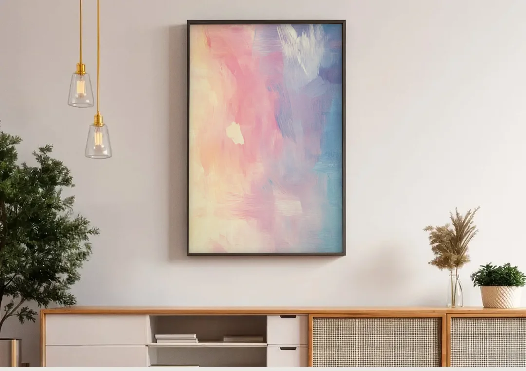 Morning Glow canvas wall art above a wooden sideboard under pendant lights