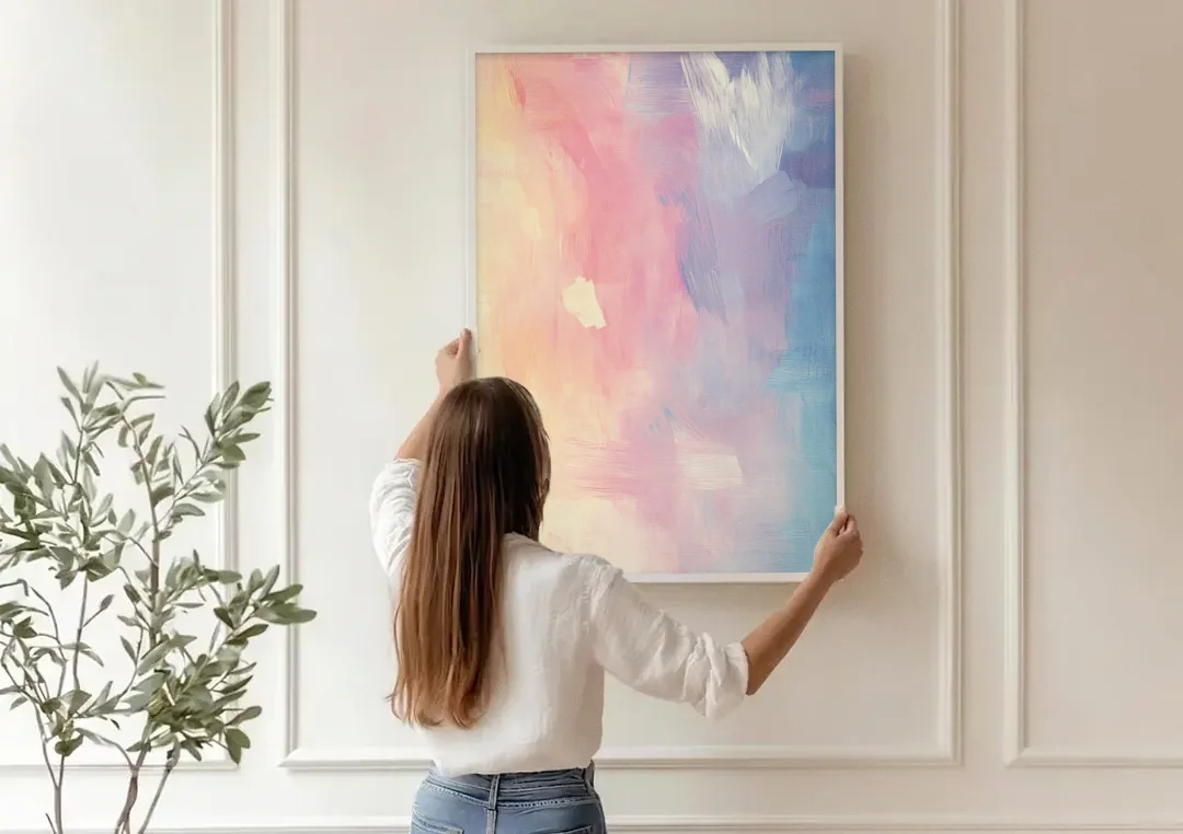Morning Glow canvas wall art being hung on a paneled wall