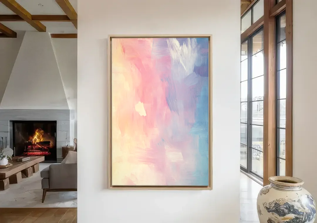 Morning Glow canvas wall art in a living room with a fireplace