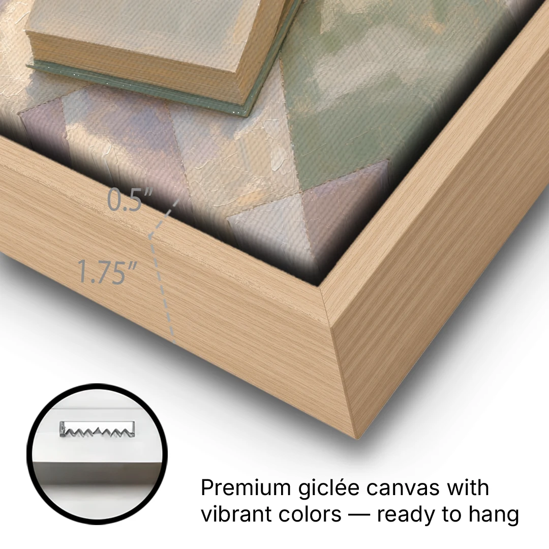 Morning Light Painting of Tea and an Open Book - Oak Framed Canvas Wall Art - Gallery Wrap Corner